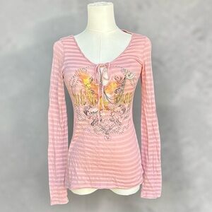 Pink Long-Sleeve Lace-Up Graphic Women's Top